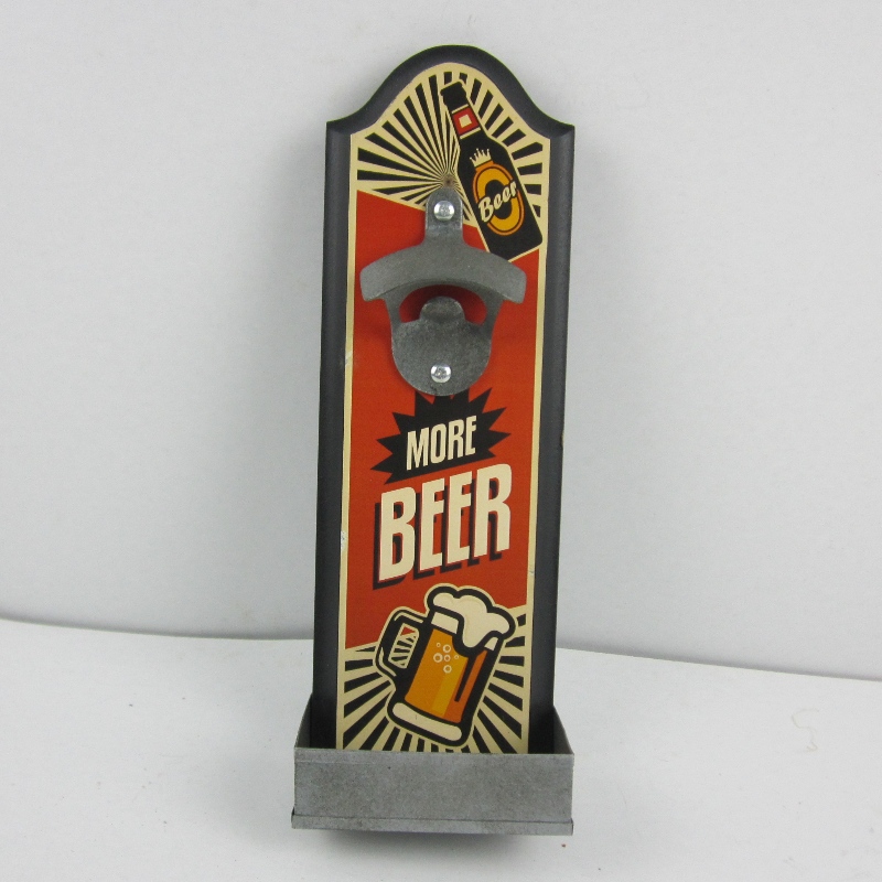 Wall Mounted Wood Plaque Beer Bottle Opener koos Cap Catcher